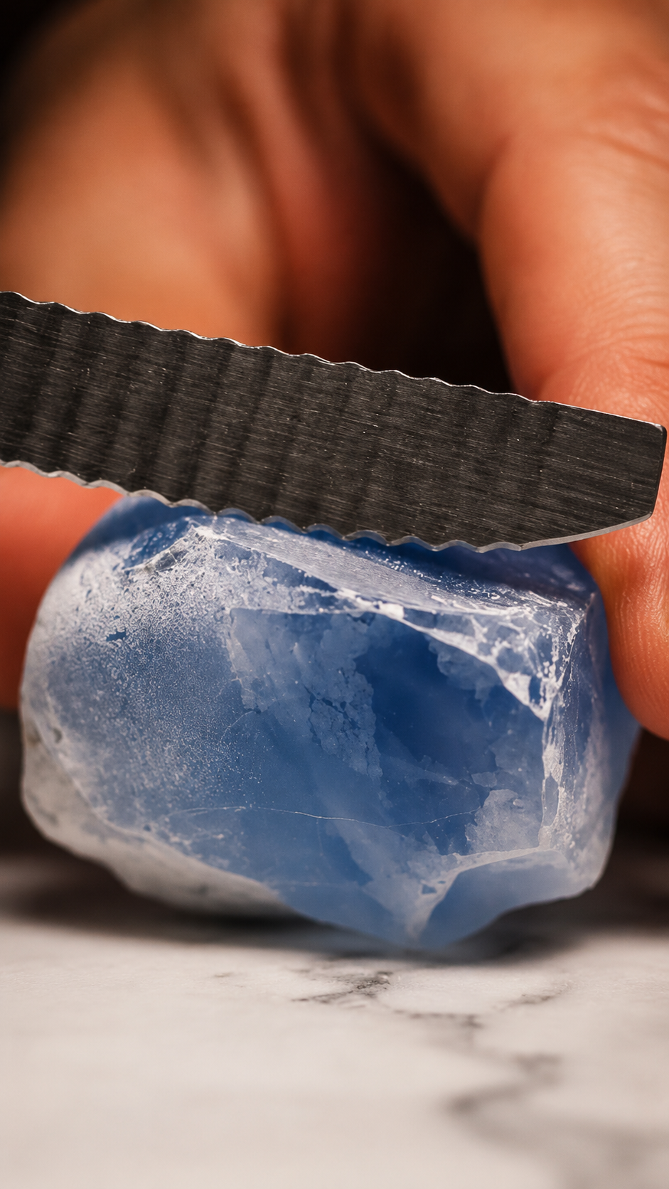 Cutting Blue Quartz with a Serrated Knife | Macro ASMR