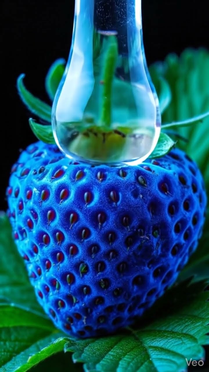 AI-generated ASMR video frame: Electric-blue strawberry