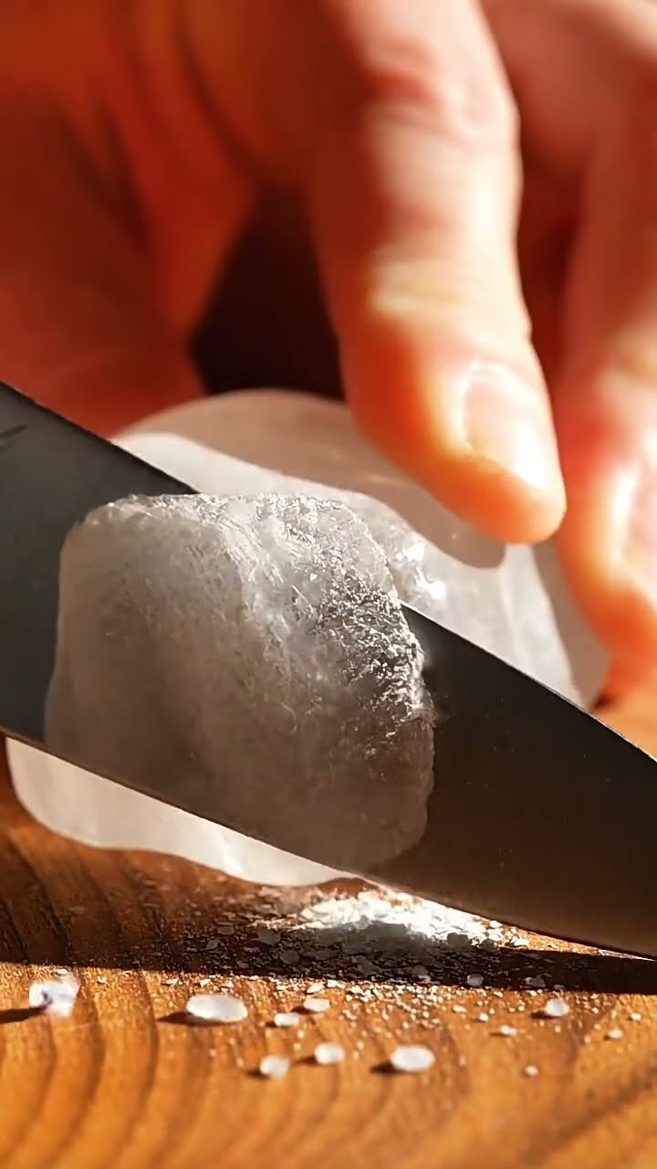 AI-generated ASMR video frame: Frosted glass rock on a wooden board