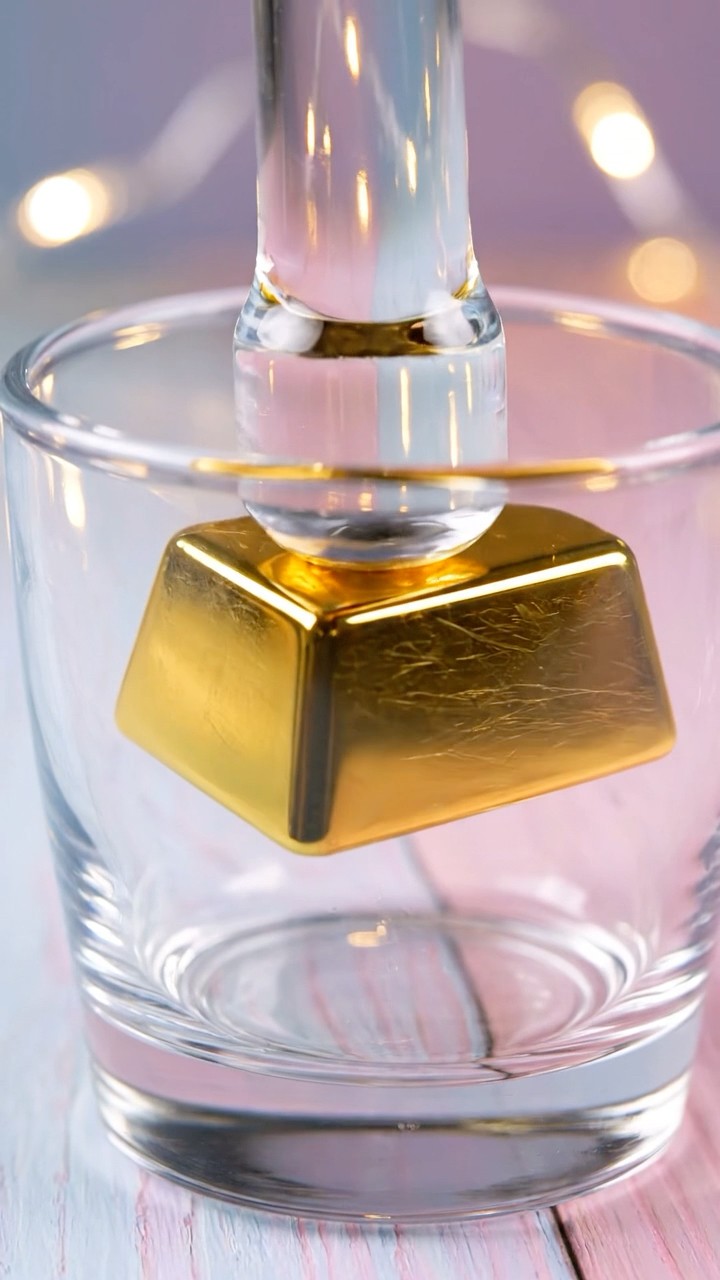 AI-generated ASMR video frame: Gold bar crushed in a glass (surreal)