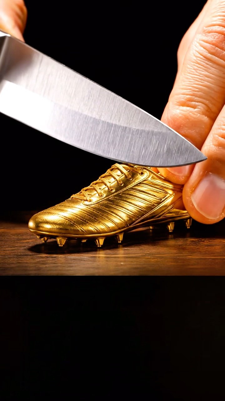 AI-generated ASMR video frame: Luxury golden shoe, with a reference image