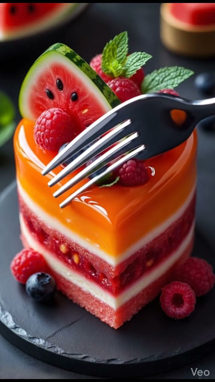 AI-generated ASMR video frame: Mirror-glaze mousse cake