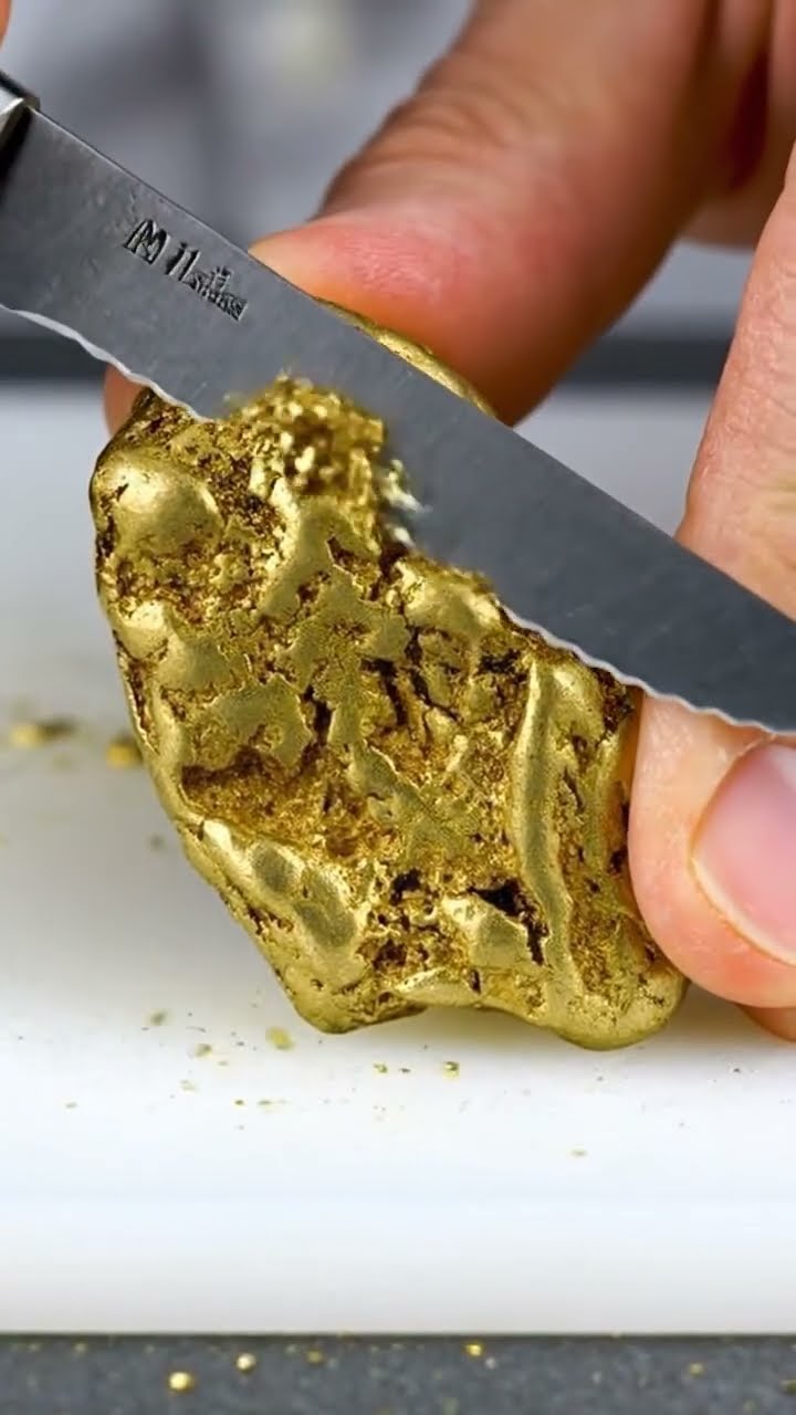 AI-generated ASMR video frame: Natural gold nugget, serrated knife