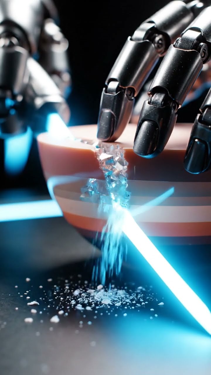 AI-generated ASMR video frame: Robotic hand and energy blade on a layered plastic bowl