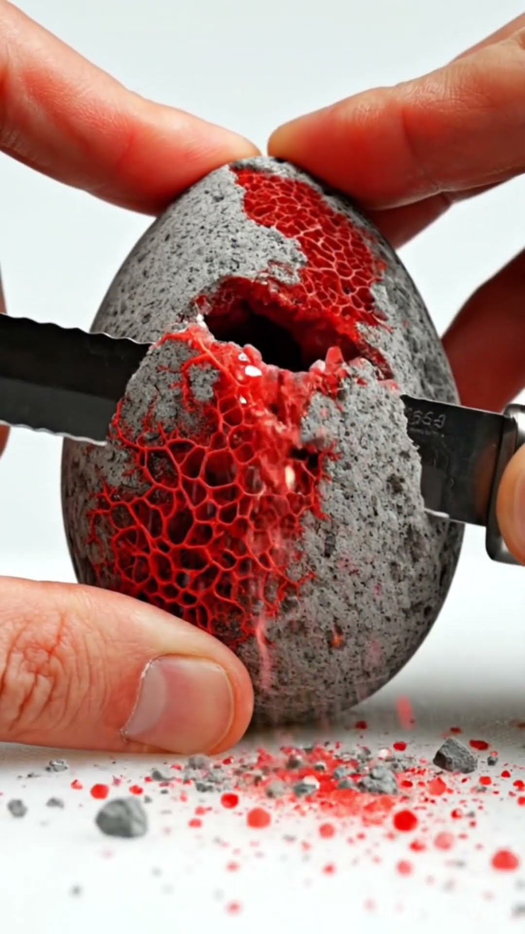 AI-generated ASMR video frame: Stone egg with a red crystal honeycomb