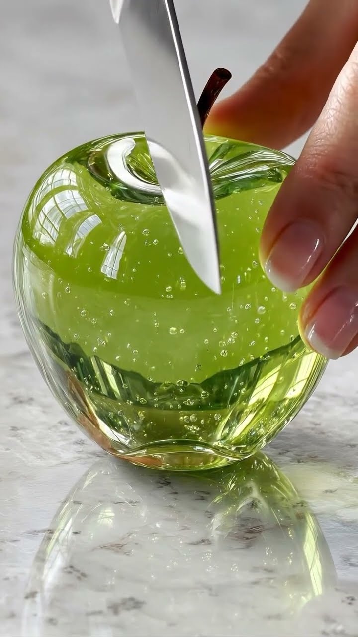 AI-generated ASMR video frame: Translucent green glass apple
